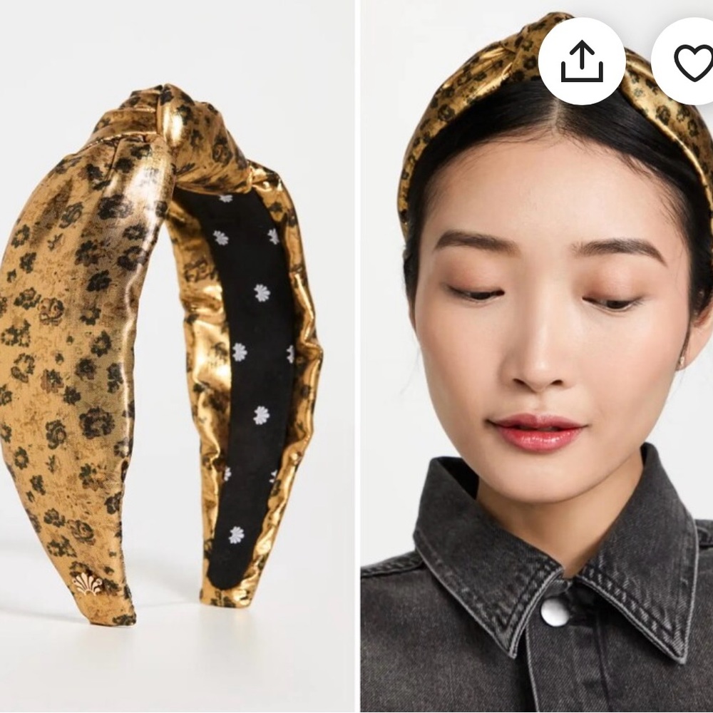 Lele Sadoughi x LoveShackFancy limited edition knotted headband. Gold lame print